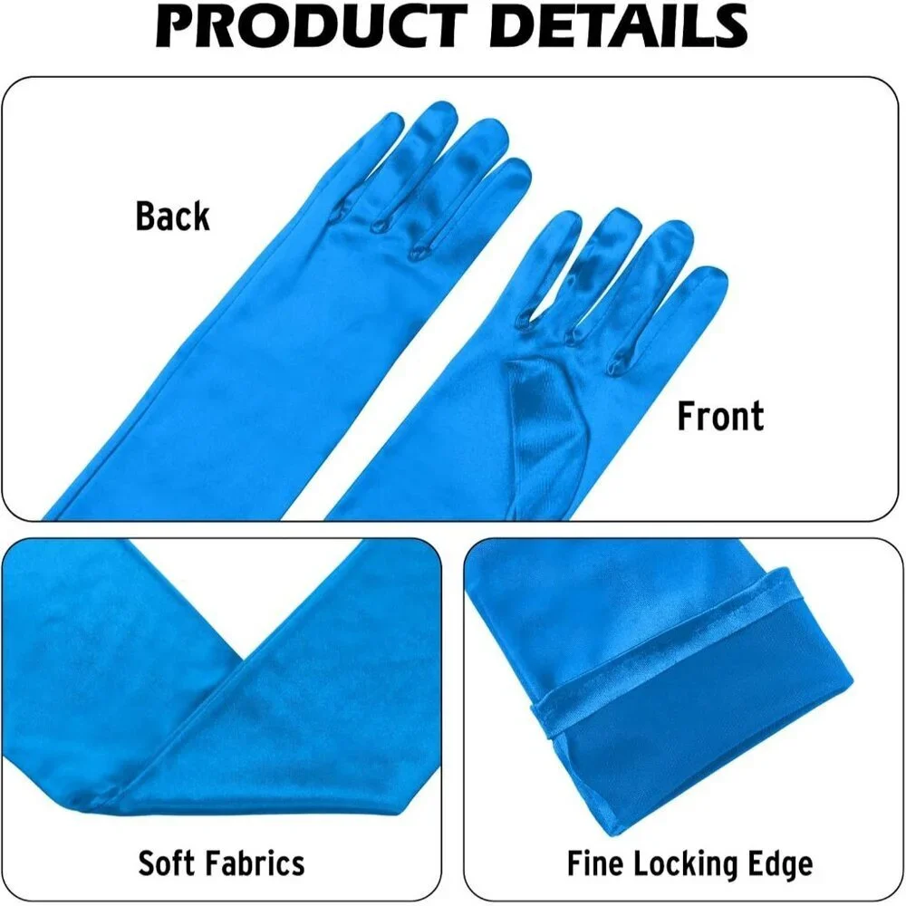 Women's Blue Long Satin Opera Fabric Gloves Party Tea Stretchy Elbow Length